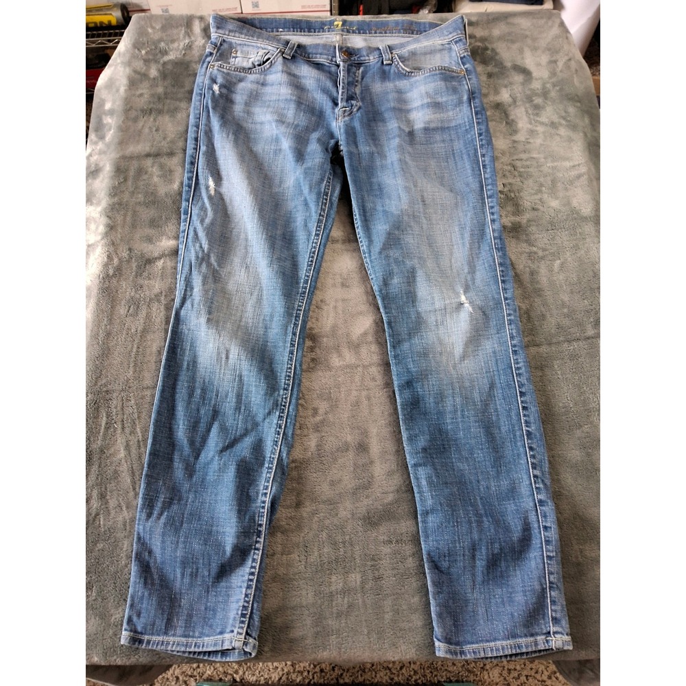 7 For All Mankind Josefina Skinny Boyfriend Jeans Medium Wash Distressed Blue 30